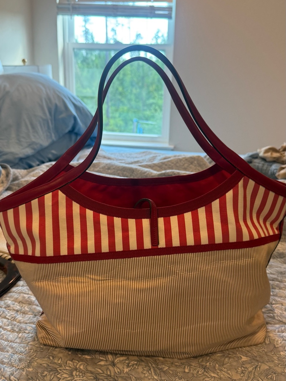 Salvatore Ferragamo Red and Cream Striped Canvas Tote